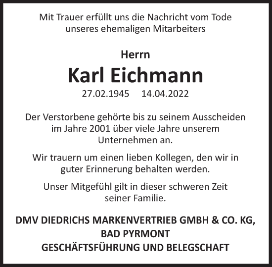 Traueranzeige von Karl Eichmann von Deister- und Weserzeitung