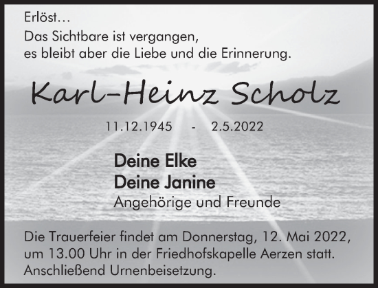 Traueranzeige von Karl-Heinz Scholz von Deister- und Weserzeitung