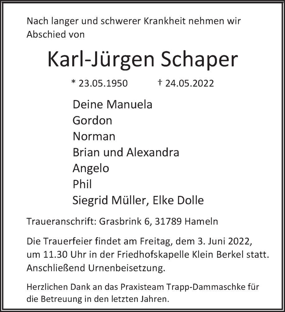  Traueranzeige für Karl-Jürgen Schaper vom 01.06.2022 aus Deister- und Weserzeitung