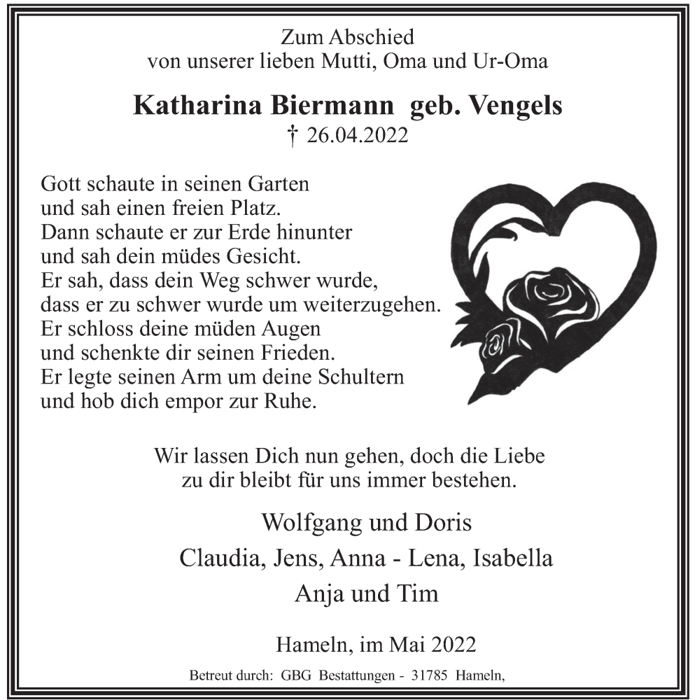  Traueranzeige für Katharina Biermann vom 14.05.2022 aus Deister- und Weserzeitung