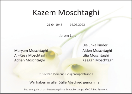 Traueranzeige von Kazem Moschtaghi von Deister- und Weserzeitung