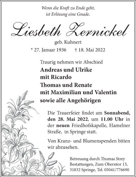 Traueranzeige von Liesbeth Zernickel von Neue Deister-Zeitung
