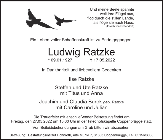 Traueranzeige von Ludwig Ratzke von Deister- und Weserzeitung