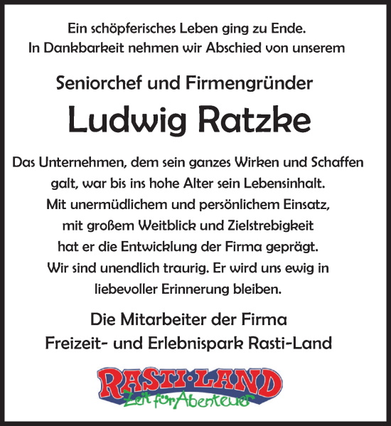 Traueranzeige von Ludwig Ratzke von Deister- und Weserzeitung