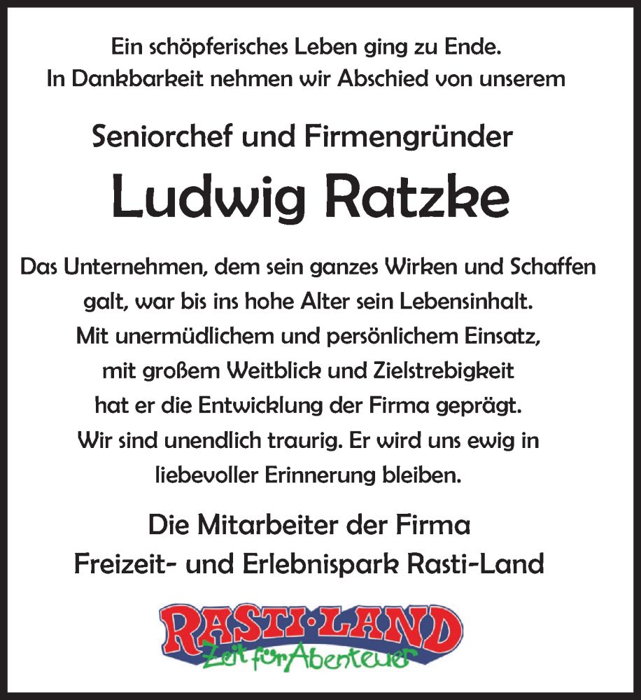  Traueranzeige für Ludwig Ratzke vom 21.05.2022 aus Deister- und Weserzeitung