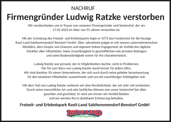 Traueranzeige von Ludwig Ratzke von Deister- und Weserzeitung