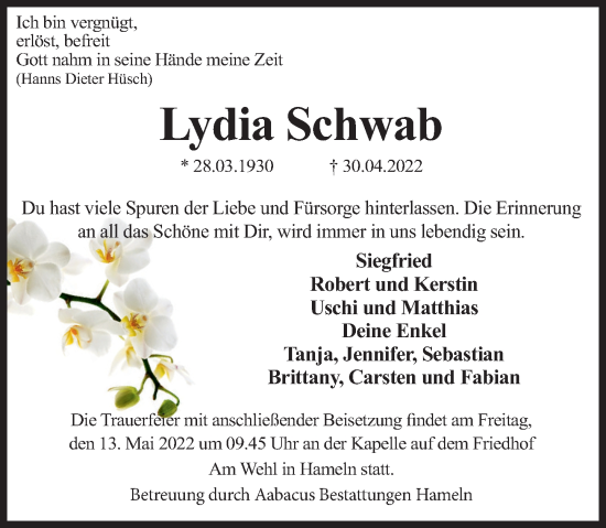 Traueranzeige von Lydia Schwab von Deister- und Weserzeitung