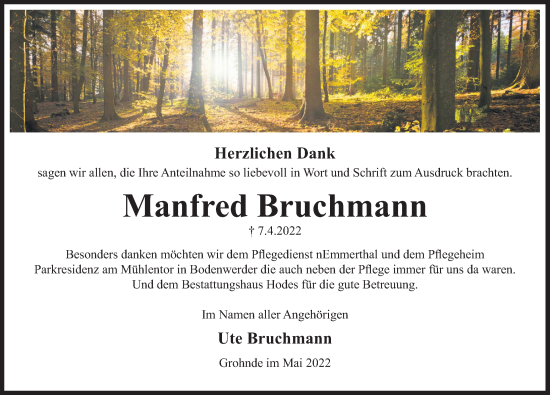 Traueranzeige von Manfred Bruchmann von Deister- und Weserzeitung