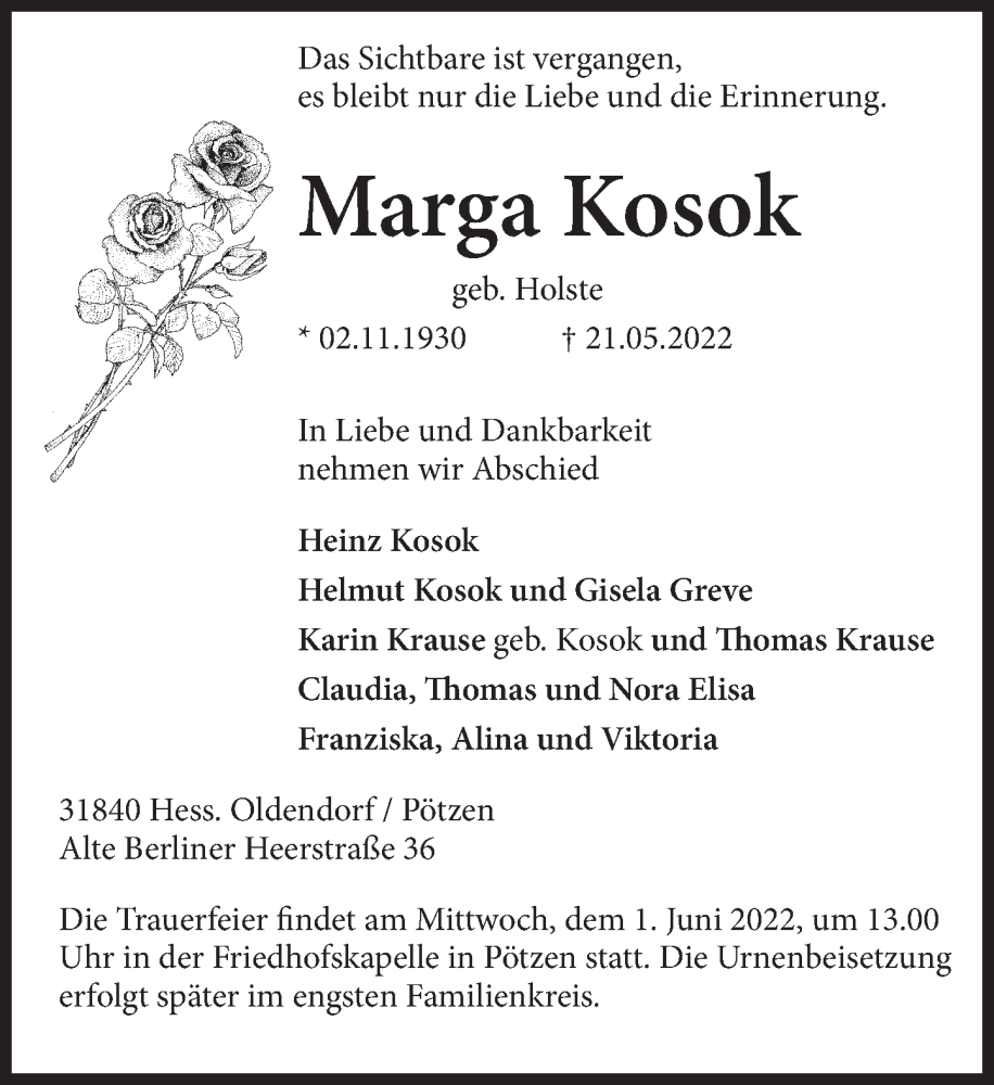  Traueranzeige für Marga Kosok vom 28.05.2022 aus Deister- und Weserzeitung