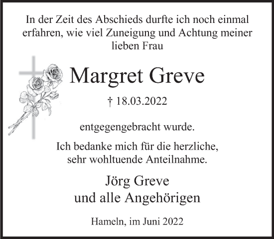Traueranzeige von Margret Greve von Deister- und Weserzeitung