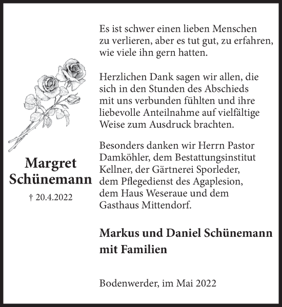 Traueranzeige von Margret Schünemann von Deister- und Weserzeitung