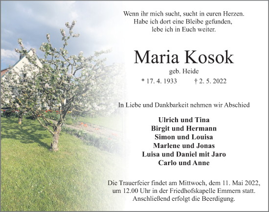 Traueranzeige von Maria Kosok von Deister- und Weserzeitung