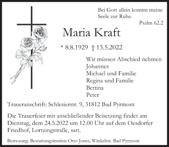 Traueranzeige von Maria Kraft von Deister- und Weserzeitung