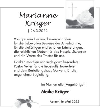 Traueranzeige von Marianne Krüger von Deister- und Weserzeitung