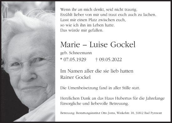 Traueranzeige von Marie-Luise Gockel von Deister- und Weserzeitung