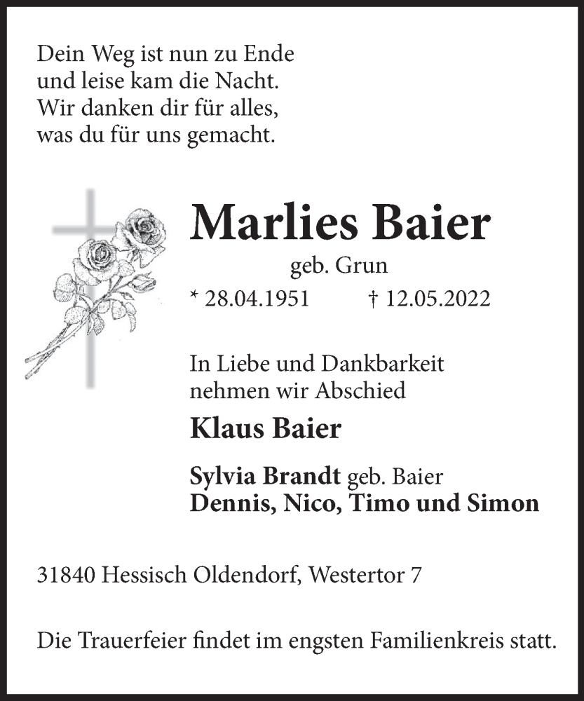  Traueranzeige für Marlies Baier vom 21.05.2022 aus Deister- und Weserzeitung