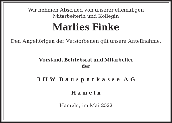 Traueranzeige von Marlies Finke von Deister- und Weserzeitung