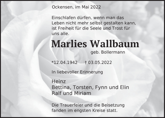Traueranzeige von Marlies Wallbaum von Deister- und Weserzeitung
