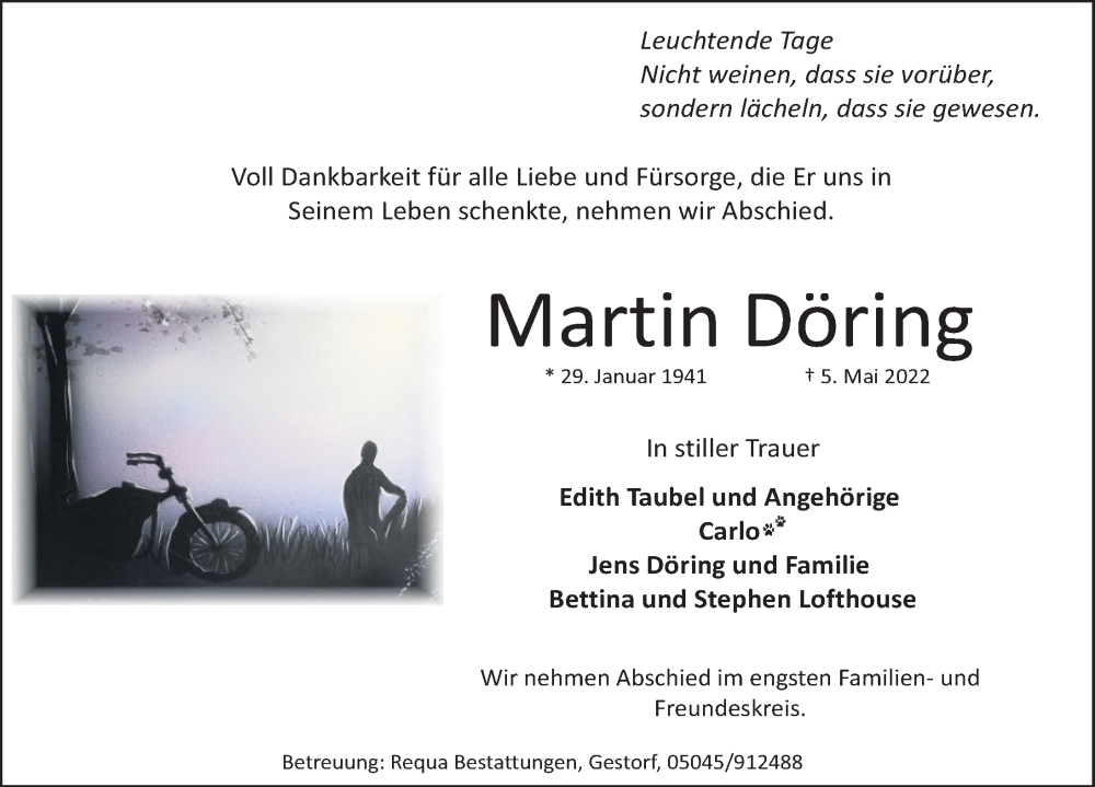  Traueranzeige für Martin Döring vom 14.05.2022 aus Neue Deister-Zeitung