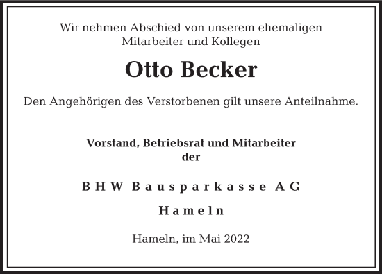 Traueranzeige von Otto Becker von Deister- und Weserzeitung