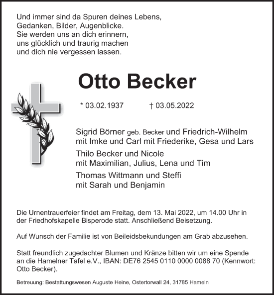 Traueranzeige von Otto Becker von Deister- und Weserzeitung