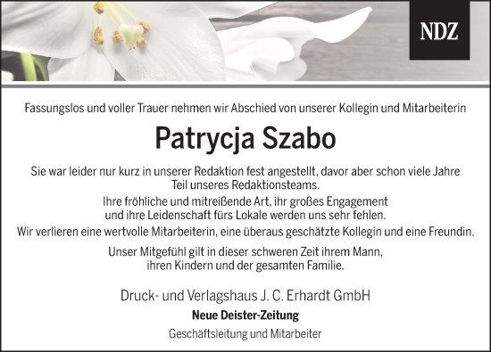 Traueranzeige von Patrycja Szabo von Neue Deister-Zeitung