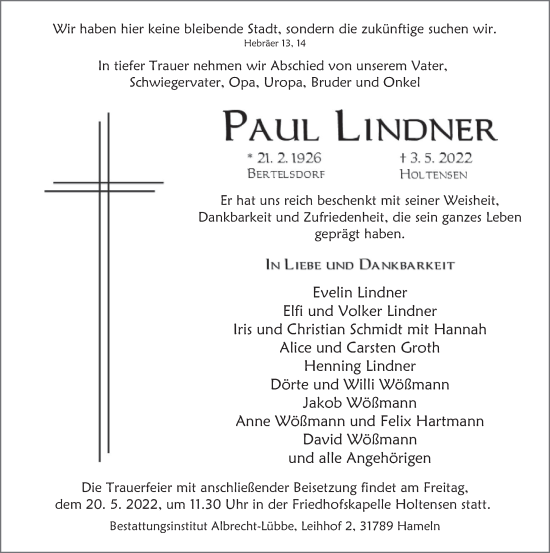 Traueranzeige von Paul Lindner von Deister- und Weserzeitung