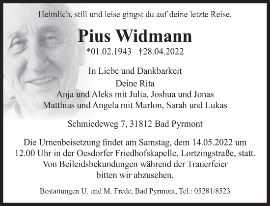 Traueranzeige von Pius Widmann von Deister- und Weserzeitung