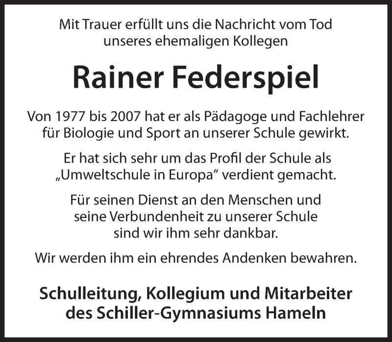  Traueranzeige für Rainer Federspiel vom 07.05.2022 aus Deister- und Weserzeitung