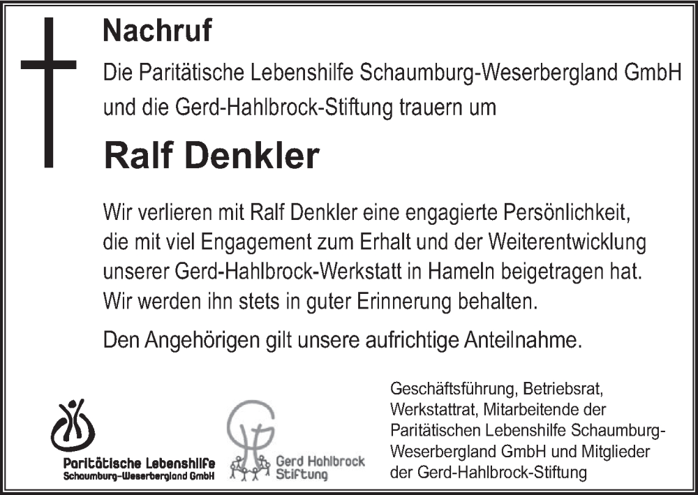  Traueranzeige für Ralf Denkler vom 07.05.2022 aus Deister- und Weserzeitung