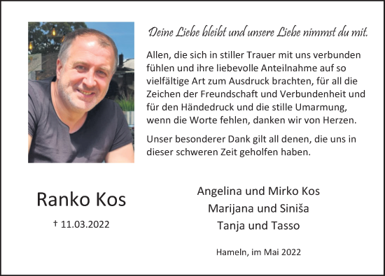Traueranzeige von Ranko Kos von Deister- und Weserzeitung