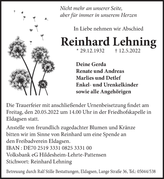 Traueranzeige von Reinhard Lehning von Neue Deister-Zeitung