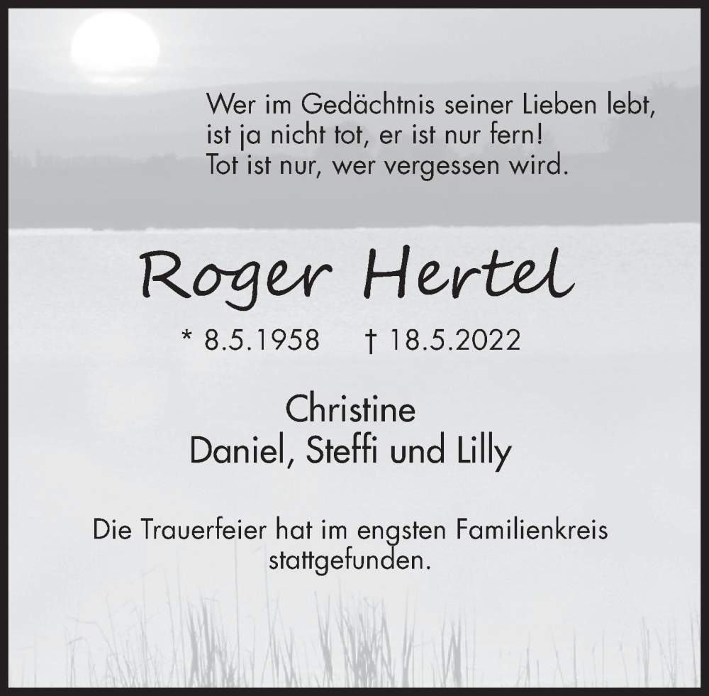  Traueranzeige für Roger Hertel vom 28.05.2022 aus Deister- und Weserzeitung