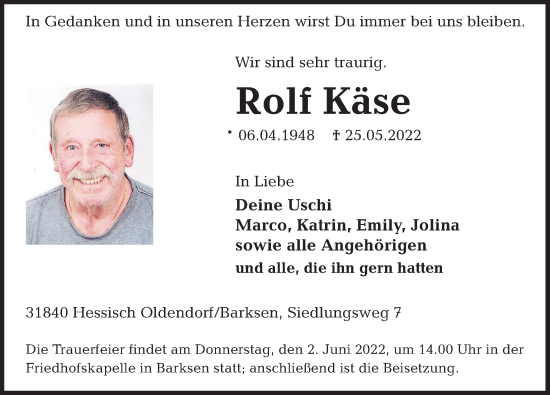 Traueranzeige von Rolf Käse von Deister- und Weserzeitung