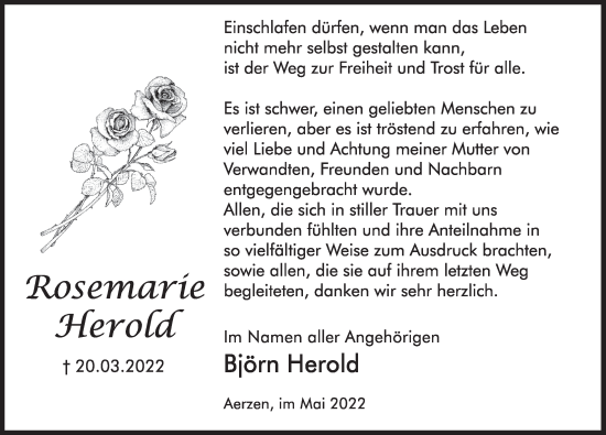 Traueranzeige von Rosemarie Herold von Deister- und Weserzeitung