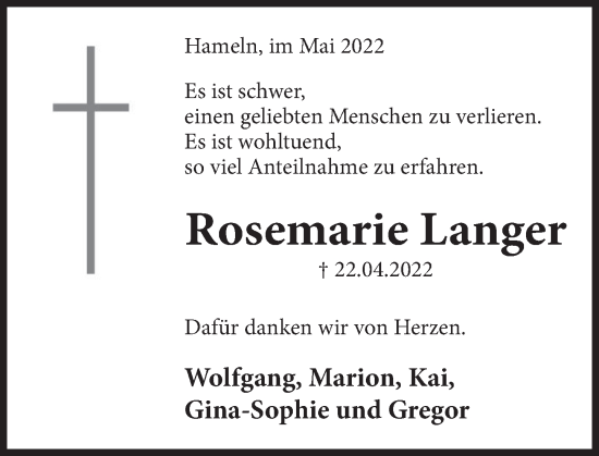 Traueranzeige von Rosemarie Langer von Deister- und Weserzeitung