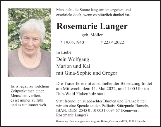 Traueranzeige von Rosemarie Langer von Deister- und Weserzeitung
