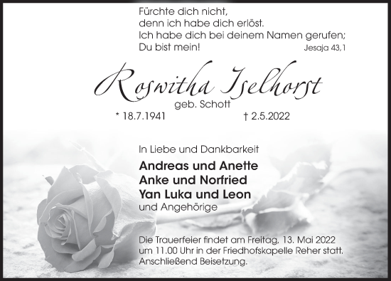Traueranzeige von Roswitha Iselhorst von Deister- und Weserzeitung