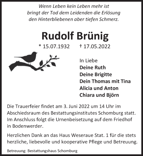 Traueranzeige von Rudolf Brünig von Deister- und Weserzeitung