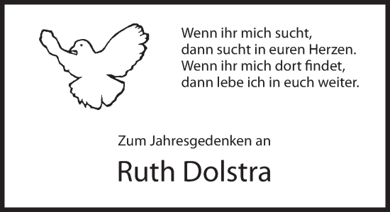 Traueranzeige von Ruth Dolstra von Deister- und Weserzeitung