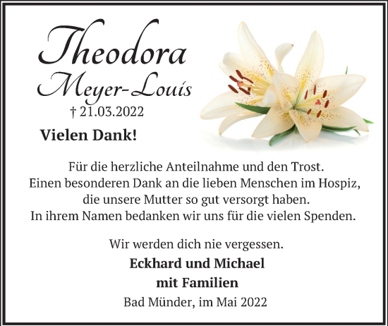 Traueranzeige von Theodora Meyer-Louis von Neue Deister-Zeitung