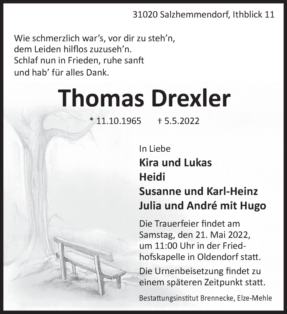  Traueranzeige für Thomas Drexler vom 14.05.2022 aus Deister- und Weserzeitung