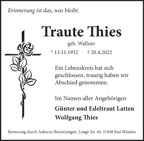 Traueranzeige von Traute Thies von Neue Deister-Zeitung
