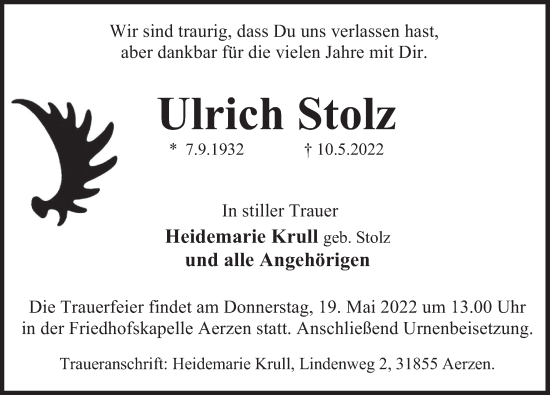 Traueranzeige von Ulrich Stolz von Deister- und Weserzeitung