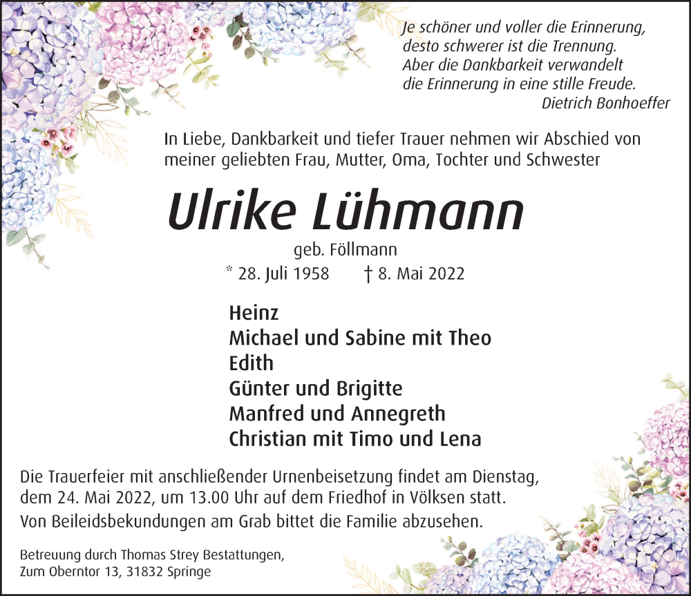  Traueranzeige für Ulrike Lühmann vom 14.05.2022 aus Neue Deister-Zeitung