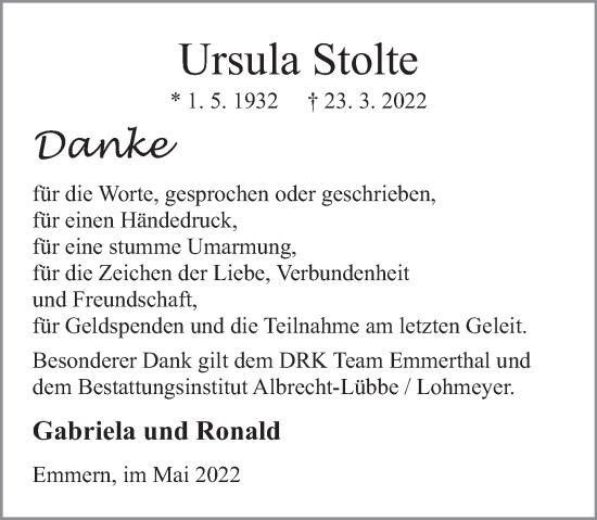 Traueranzeige von Ursula Stolte von Deister- und Weserzeitung