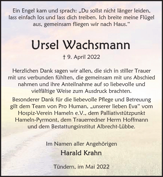 Traueranzeige von Ursula Wachsmann von Deister- und Weserzeitung