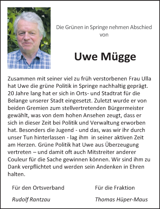 Traueranzeige von Uwe Mügge von Neue Deister-Zeitung