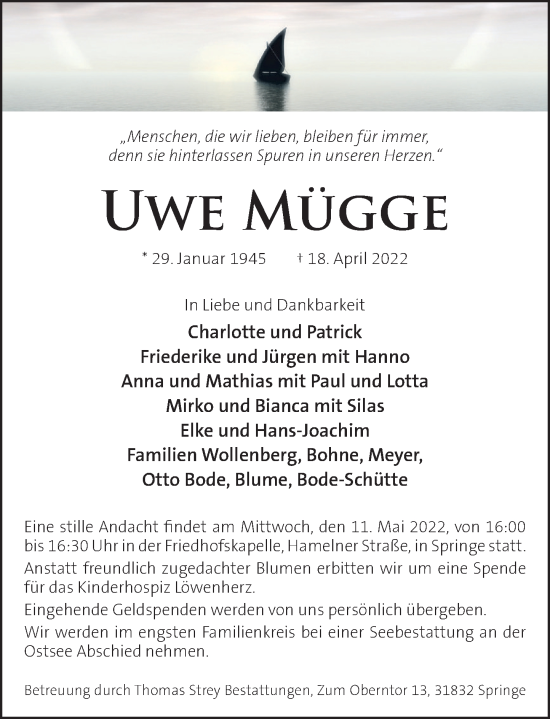 Traueranzeige von Uwe Mügge von Neue Deister-Zeitung