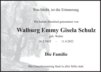 Traueranzeige von Walburg Schulz von Deister- und Weserzeitung